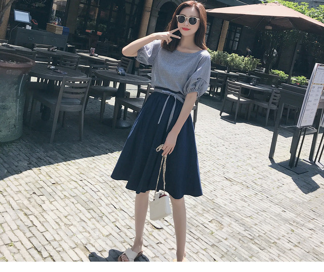 新作 ワンピース 切り返し セパレート風 リボンベルト付き チェック 半袖 Mt0016 ふくふくの木