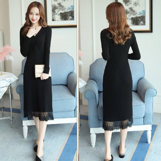 タイトワンピース ワンピ ミモレ丈 ワンピ セクシー ロングワンピース Vネック パーティードレス レース入り 二次会 膝下丈 ニットワンピ 重ね着 ネット通販 購入 激安 10代 代 30代 40代 秋 冬 Roprot ロプロット ファッション レディースアパレル販売 ギフト
