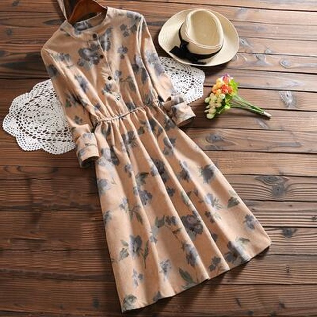 全2色 ワンピース 袖あり ロング丈 ミモレ丈 カジュアル 春 春夏 春秋 長袖 おしゃれ レディース 可愛い クラシカル 花柄 ワンピ ドレス 上品 レトロ お出かけ Aライン ハイウエスト 大きいサイズ ネイビー 青 イエロー 黄 代 30代 40代 50代