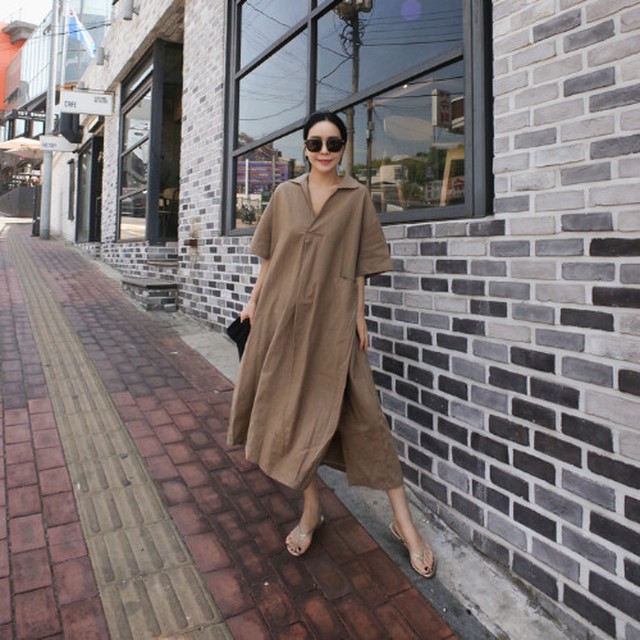 ワンピース Vネック 半袖 大ポケット ロング ゆったり ダークブラウン ダークグレー ネイビー 夏 ２０代 ３０代 ４０代 くすみカラー Rb R3 19 Sa05 0021 Redbell