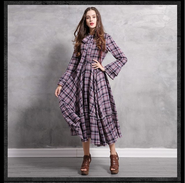 Aライン タータンチェック ふんわり 高級感 フレア 秋ワンピース マキシ丈 ロングワンピ 女性らしい きれいめ 綿 Rb K09 0037 Redbell