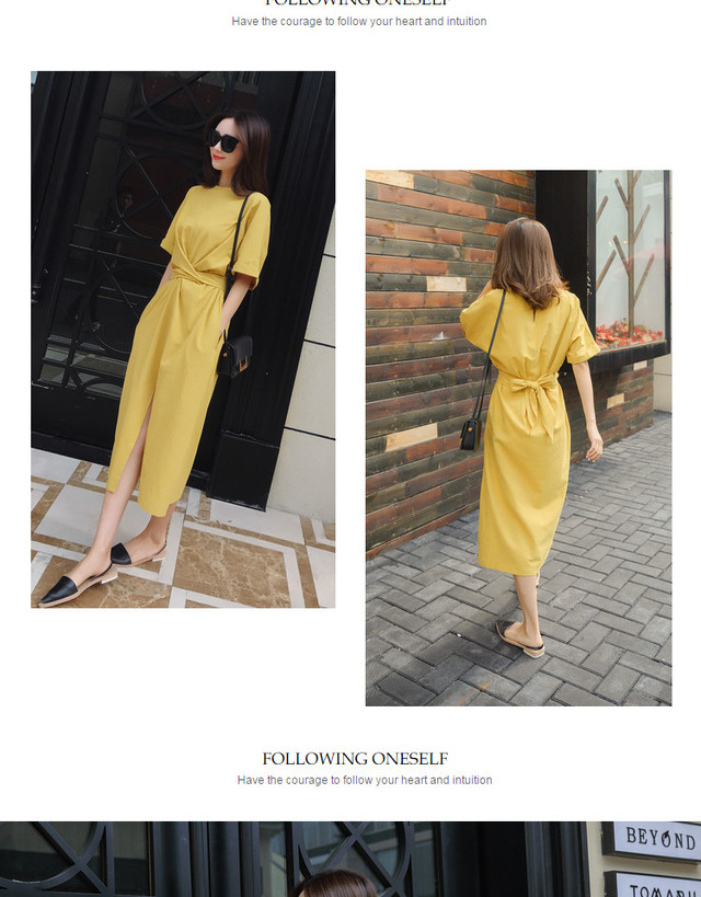 人気 韓国スタイル サマードレス 半袖 レトロ ミニマリスト イエローワンピース Xu クロスユー