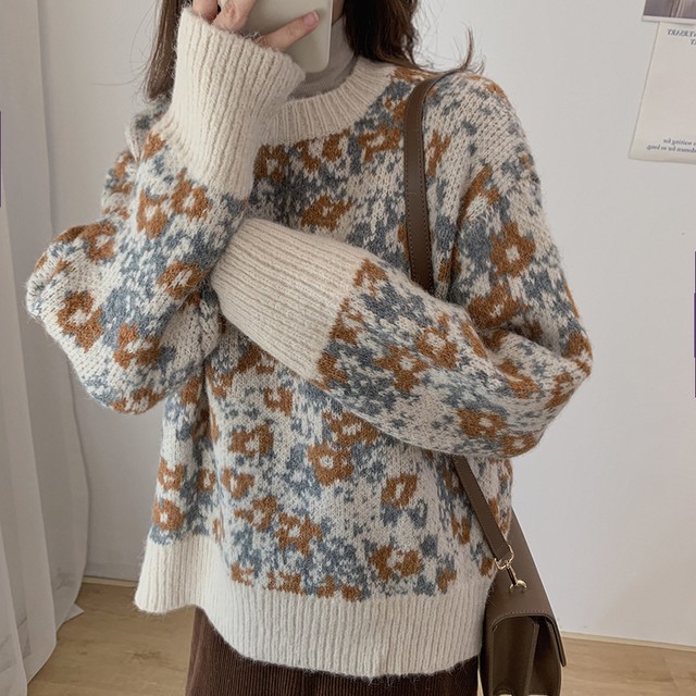 〈カフェシリーズ〉レトロフラワーカシミアセーター【retro flower Cashmere sweater】