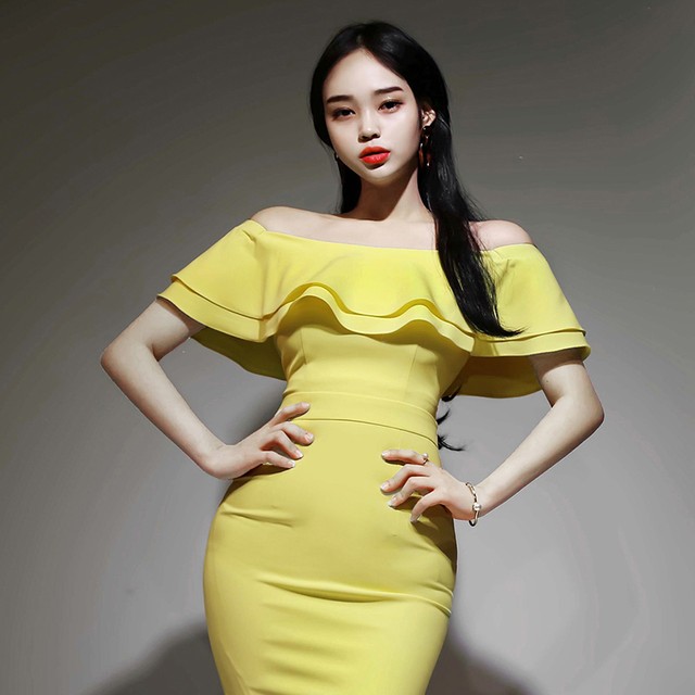 オフショルダー タイト ワンピース ドレス フリル 膝丈 半袖 黄色 イエロー パーティー お呼ばれ 二次会 かわいい おしゃれ 韓国ドレス K243 Hollys Design