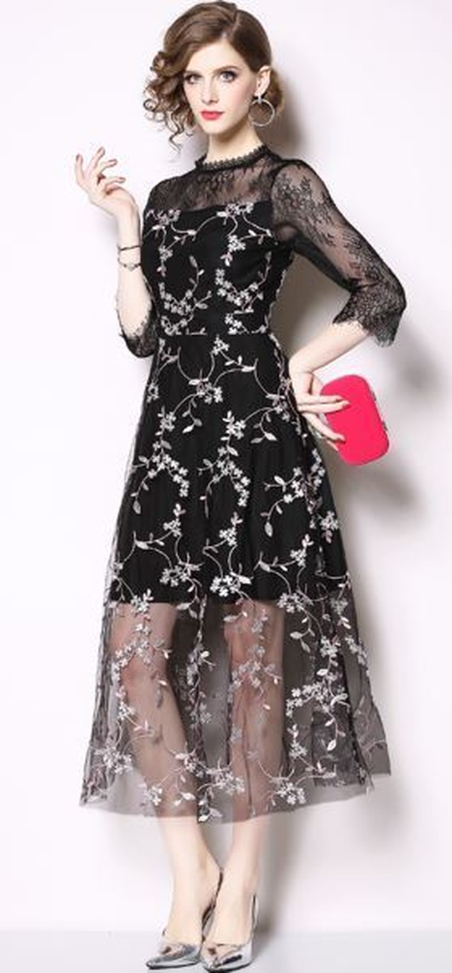 送料無料 パーティードレス ワンピース 春物 花柄 刺繍 シースルー チュールスカート 7分袖 袖コンシャス スタンドカラー ミニ丈 結婚式 二次会 お呼ばれ 代 30代 春夏 新作 2499 ｂ Bloom ビーブルームトゥー ドレス ワンピース専門店