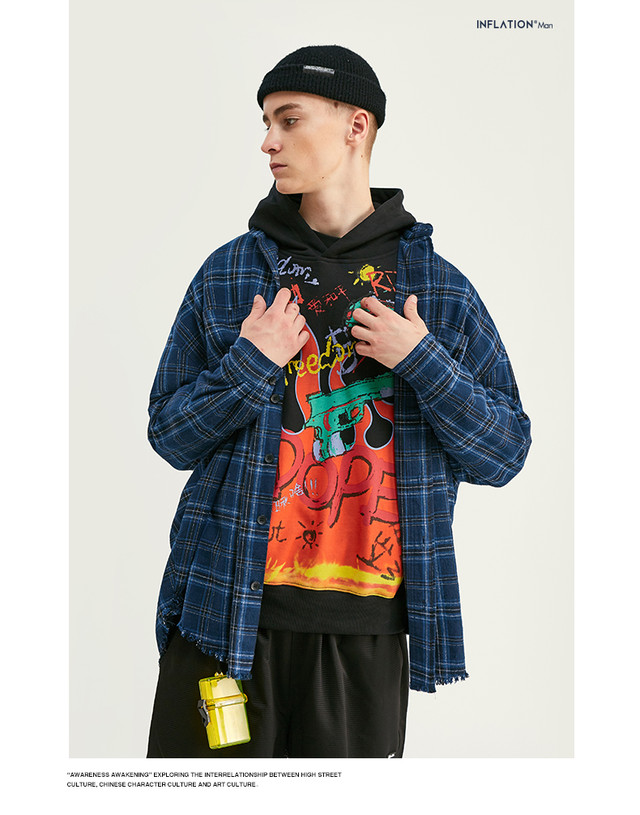 Inflation 17 Autumn Winter長袖シャツhiphop Streetwearメンズチェック柄フランネルシャツ004w17 ロング ストリート オータム 秋物 ウィンター 冬物 インフレ公式ストア Efect