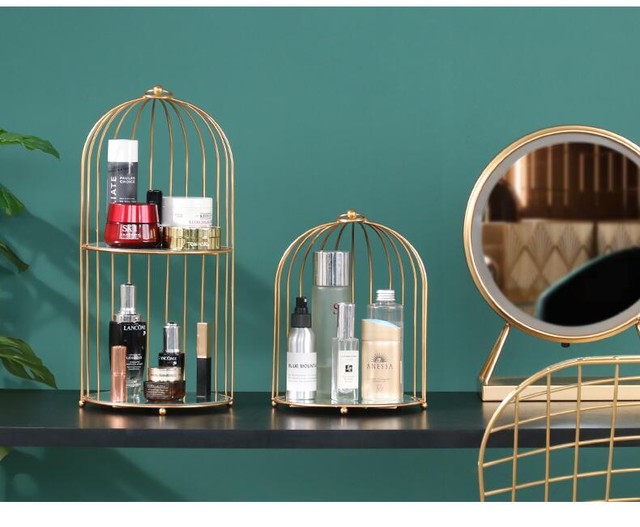 メイク ボックス 収納 ディスプレイ 雑貨 ゴールド かわいい おしゃれ 化粧品 大容量 卓上 机上 整理 整理整頓 きれい ケース 化粧箱 化粧 ２段階 棚 アンティーク Akuaray