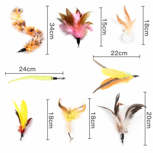 Awstech 猫おもちゃ 猫じゃらし ペットグッズ 天然鳥の羽棒鈴付き ペット用品 猫遊び 羽根 8羽 釣り竿 1本 Mesare1