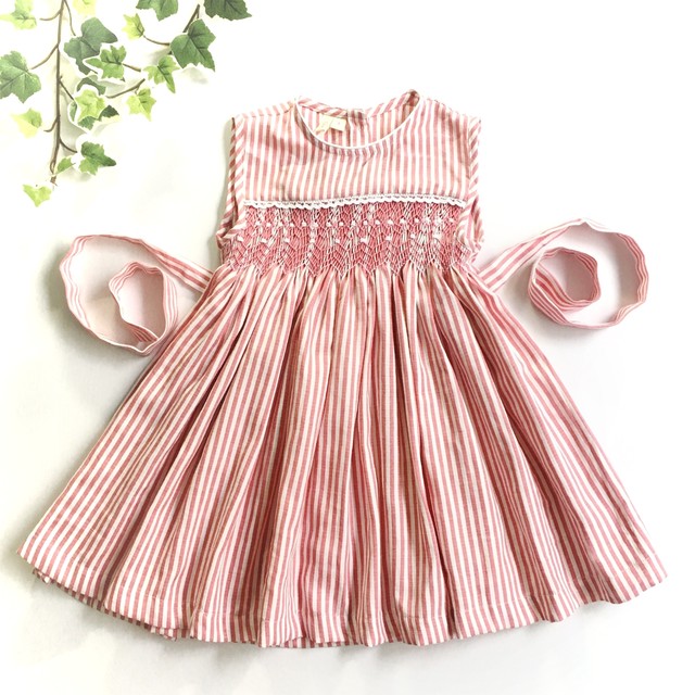 コーラルピンク ストライプ スモッキングワンピース Heart Spring スモッキングワンピースと可愛い子供服のお店