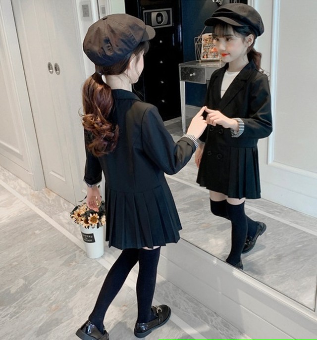 セットアップ風 シックなプリーツワンピース キッズ 子ども服 ワンピース 女の子 プリーツ スカート 子供ドレス 長袖 ストライプ ブラック フォーマル 発表会 結婚式 普段着 入園入学 卒園卒業 110 160cm 送料無料 韓国レディース キッズファッション Londonbridge
