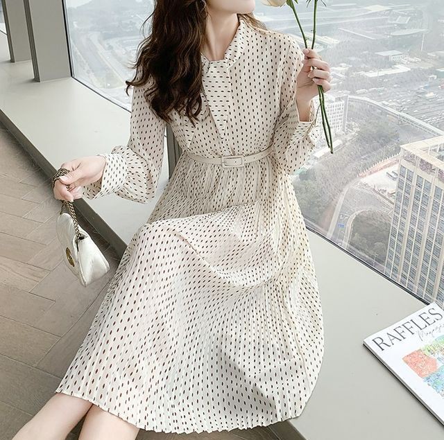 レディース ワンピース 春 夏 長袖 ボウタイドットプリーツワンピース ボウタイ プリーツワンピース ウエストマーク ミモレ丈 ロング丈 クラシカル フェミニン ガーリー 大人ガーリー 大人カジュアル カジュアル 春夏 ホワイト S Xlサイズ Uki Uki