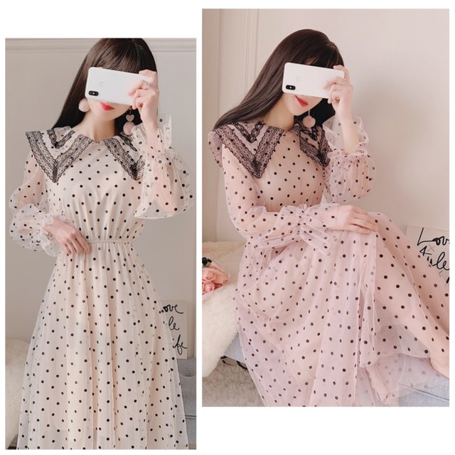 ドット柄 フランススタイル ドレス ロング スカート ワンピース フリル かわいい Fa 409 Dress Sugar Moon