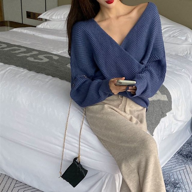 ラップクロス Vライン フロントクロスセーター スリムフィット 長袖 おしゃれ かわいい お出かけ デート フェミニン ゆったり エレガント Lalas