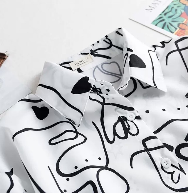 送料無料 落書きアート 柄シャツ トップス 長袖 カジュアル シンプル きれいめ お洒落 上品 大人 Bl 0100 Hamar