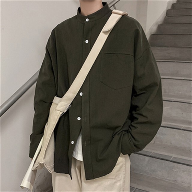 マオカラー シャツ 長袖 カジュアル オーバーサイズ ゆったり 羽織り メンズ デート ラフ 爽やか クール 春 秋 冬 10代 代 30代 ブラック グリーン ホワイト スタンドカラー クール 取寄 発送目安14 21日営業日 Laff Store For Men ショップ情報 配送