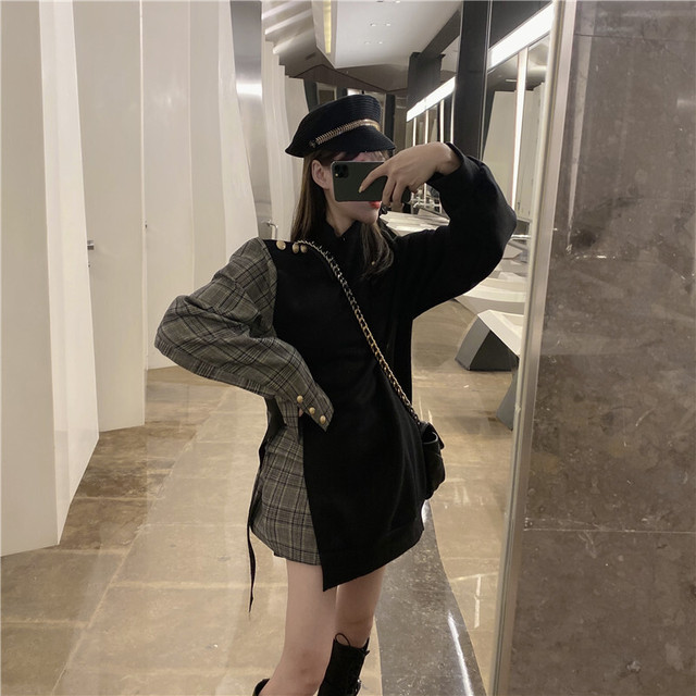 秋冬物 ワンピース スウェットワンピース チェック柄ワンピース ミニ丈ワンピース ドッキング 長袖 お出掛け デート Magnifique