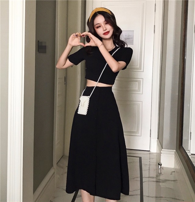 全2色 ミモレ丈 セットアップ フレア へそ出し 半袖 前ボタン ハイウエスト Like Fashion