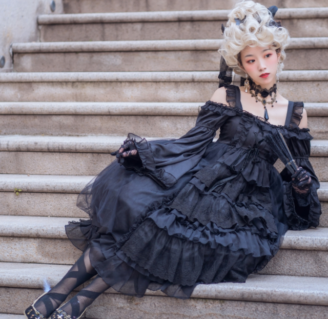 ロリータ ゴスロリ 姫ロリ 甘ロリ ロリィタ 長袖 ドレス ウエディングドレス風 黒 白 オフショルダー 姫袖 Heart Mart