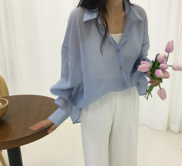 ふんわり 透け感 ブラウス 長袖 シンプル ガーリー オフィス 甘め 冷房対策 Choco Chaco