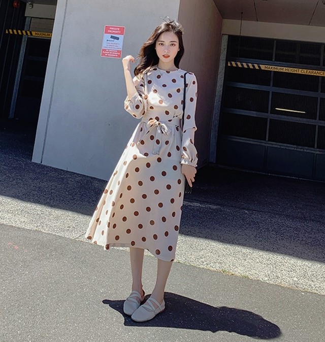 ドットが可愛いレトロワンピ レトロ ミモレ丈 ラウンドネック ハイウエスト ドット柄 レディース 春夏 ワンピース Keysfashion