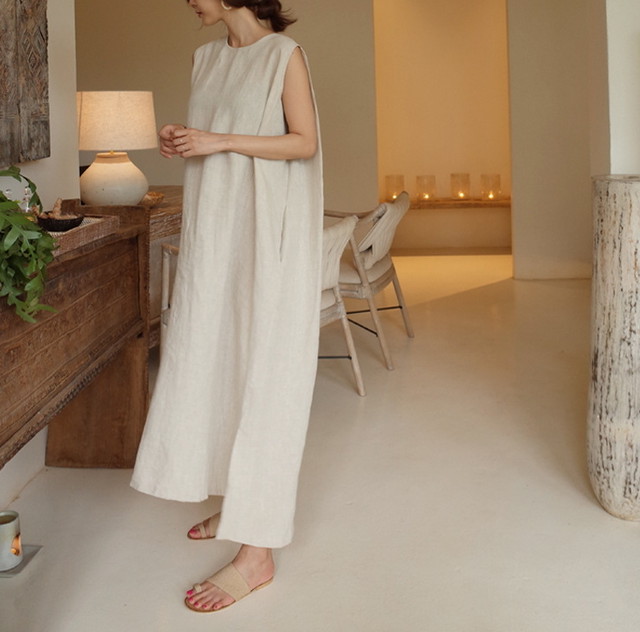 送料無料 コットンリネンワンピース ノースリーブ ロングワンピース リネンライク T 223 Rondy
