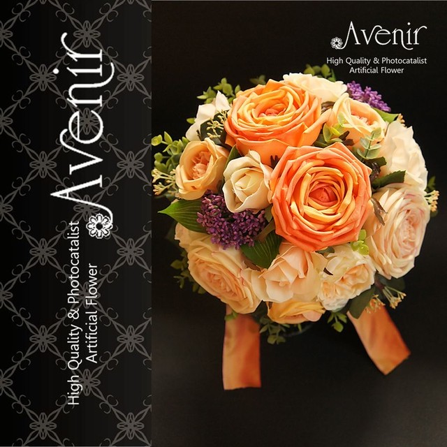 ブーケ アートフラワーウェディングブーケ ラウンド 光触媒 造花 Avenir Sale 送料無料 Bouq16oc02 しっとりリアルタッチのオレンジバラ Avenir