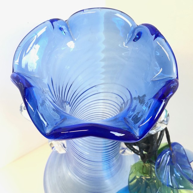 訳あり 花瓶 ガラス ガラス細工 レトロ ブルー 花器 フラワーベース 高さ約29cm リサイクル アンティーク 風雅 Fuga