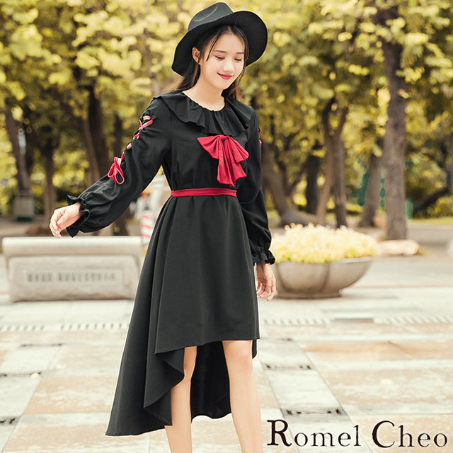 Romelcheo 赤リボンワンピース 魔女風 ワンピ レディース ゴシック ゴスロリ ロリータ ゆめかわいい 黒ロリ モード系 ビジュアル系 パンク ファッション フィッシュテール 暗黒少女 カジュアル おしゃれ ロメルチェオ Romelcheo