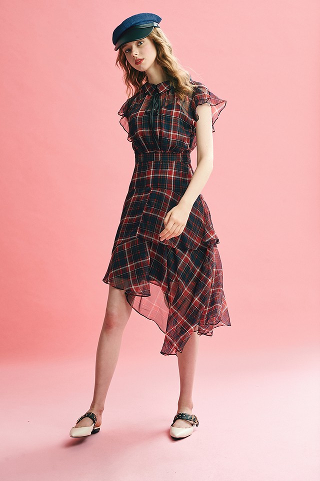 送料無料 残りわずか 流行のチェック柄 アシンメトリーシフォン ワンピース Judyforastar