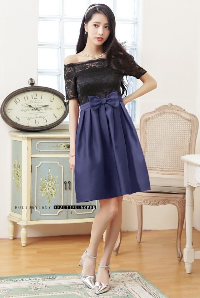 送料無料 レース切り替えパーティードレス ドレスワンピース ミディアムドレス オフショルダー レース プリンセスライン Aライン 膝丈 オールシーズン 結婚式 二次会 披露宴 パーティー ブライダル ウェディング ワンピース 春ワンピース ミセス レディース 大きいサイズ