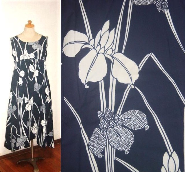Sold Out浴衣リメイク アヤメが素敵な浴衣チュニックワンピース脇裾変形 ハンドメイド 天然素材 コットン 藍染め Sonasona 着物 リメイク