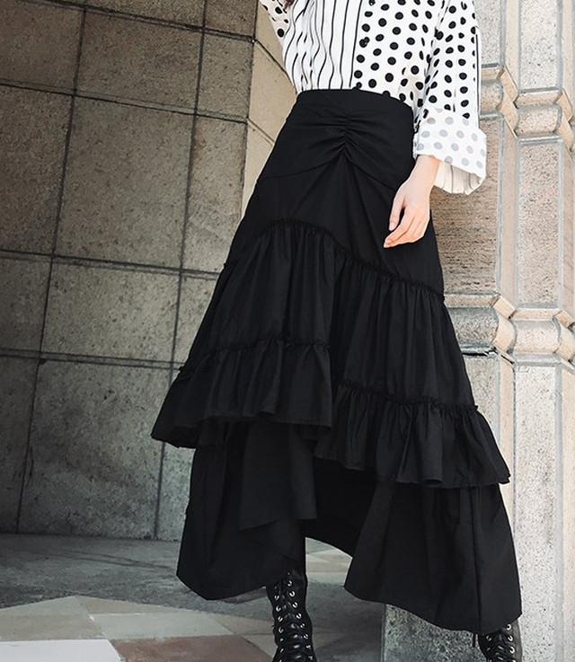 Top Mode フィッシュテール マキシ丈スカート モード系 レディース フレアスカート ブラック 黒 ゴシック 変形 ボリューム ロングスカート 病みかわ ロングテール プリーツ アシンメトリー ドレープ 原宿系 病み ファッション Bitter ヴィジュアル系 ライブ 舞台