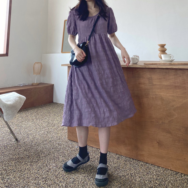 レディース ワンピース ロング ワンピース ドレス 半袖 パフスリーブ ラウンドネック バックリボン ロング丈 ハイウエスト スカート ワンピース シンプル カジュアル おしゃれ 大人可愛い ガーリー お出かけ デート 通勤 通学 学生 キャンパス 旅行 普段着 パープル