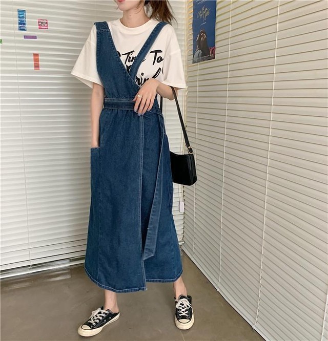 サロペットスカート ジャンパースカートワンピース デニム アシンメトリー ロング丈 カジュアル ストリート オールシーズン Pp Mahha Planet