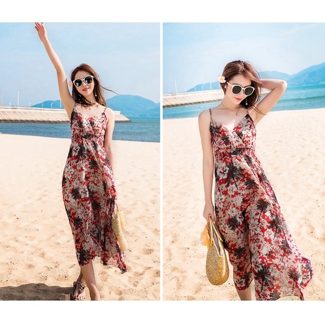 ロングワンピース マキシワンピ 花柄 ハイビスカス キャミ Vネック シフォン レディース 春夏 リゾート W013 La Vie En Rose