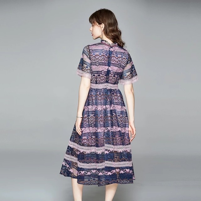 フェミニン ボーダーパープルワンピース Elfriede