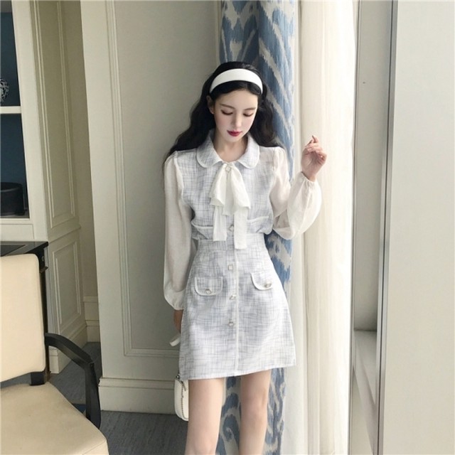 ツイードワンピース シフォン リボン エレガント フェミニン 上品 オルチャンファッション 韓国ファッション 10 代向け 韓国 オルチャンファッションyoung Ol Chan