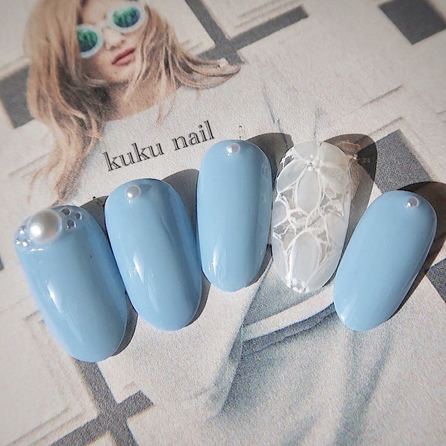 アイスブルー レースフラワーネイル Kuku Nail