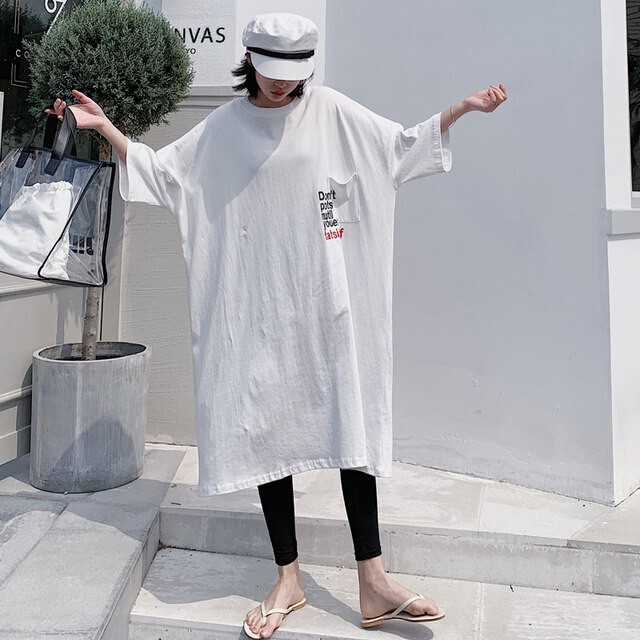 ロングtシャツワンピース 半袖 ラウンドネック 大きいサイズ ゆったり 無地 英字 体型カバー シンプル 大人 モード系 カジュアル お出かけ 通学 普段着 ルームウエア 夏 Evergreen