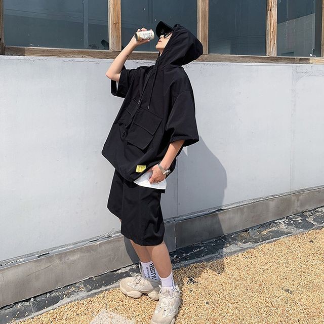 予約販売 メンズ セットアップ 上下 ハーフパンツ フード付き パーカー ブラック ベージュ 半袖 ストリート ジム スポーツウエア カジュアル 春夏 M L Xl 2xl Favoriteselect