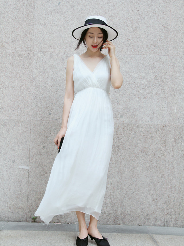 シフォンワンピース ロングワンピース シルク ロング丈 深vネック ノースリーブ 無地 着痩せ フレア フォーマル エレガント 春夏 お呼ばれ ウエストマーク 白 黒 ベージュ Prism One プリズム ワン