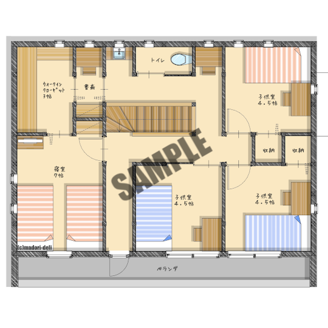 35坪の間取りプラン 5ldk 3つの子供室がある家 間取りデリ