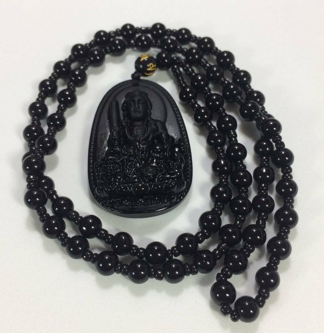 文殊菩薩の黒曜石ペンダント 受験 学問の成就に 黒曜石のパワーストーン 5センチ 3センチ 0074 Premio Fortuna