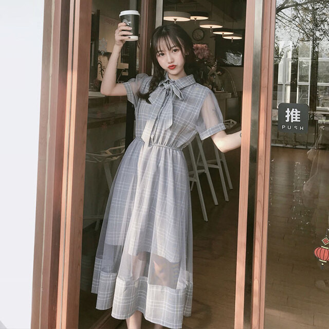 ワンピース 半袖 シアー シースルー 襟付き リボン チェック柄 かわいい 清楚 フェミニン ガーリー お出かけ デート リゾート 夏 Evergreen