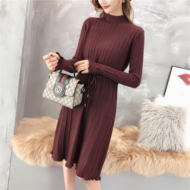 即納 ワインレッド ワンピース レディース 長袖 膝下 膝丈 秋 冬 Aライン ハイウエスト フレア セミフォーマル Sunflower