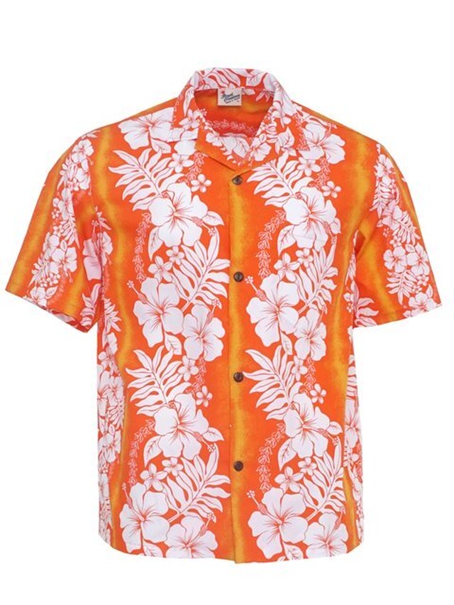 Sale メンズアロハシャツ 柄シャツ ニューハイビスカスファーンパネル オレンジ ハワイ グアム 沖縄 リゾートウェディング ウクレレ衣装 Aloha Outlet Motomachi