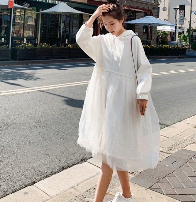 送料無料 フード付き スウェットパーカー チュールスカート ドッキングワンピース ウエスト切り替え ゆるかわ Casualheart