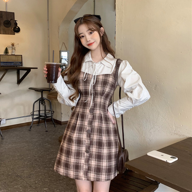 ワンピース きれいめ ミニ丈 ショート丈 チェック 長袖 ボウタイ 大人 上品 ガーリー レトロ 大人可愛い レッド 赤 ブラウン Evergreen