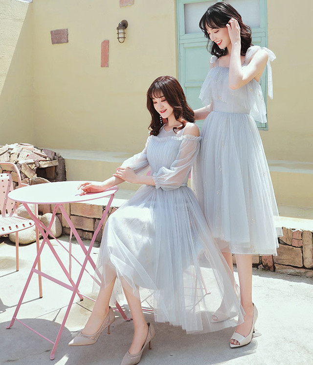ドレス ワンピース パーティドレス チュール ミディアム丈 ひざ下 長袖 半袖 シースルー 小さいサイズ 大きいサイズ 結婚式 二次会 発表会 ブライズメイト Southisland