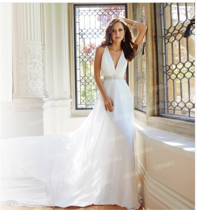 豪華 ウエディングドレス エンパイアライン 上品花レース ビーチウエディング Ynswedding23